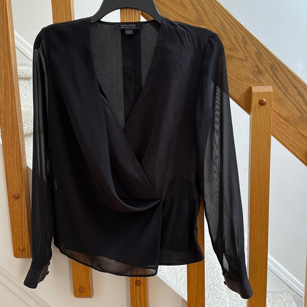 All saints blouse, long sleeve, size 0, I’m a size xs, it fits me, color black